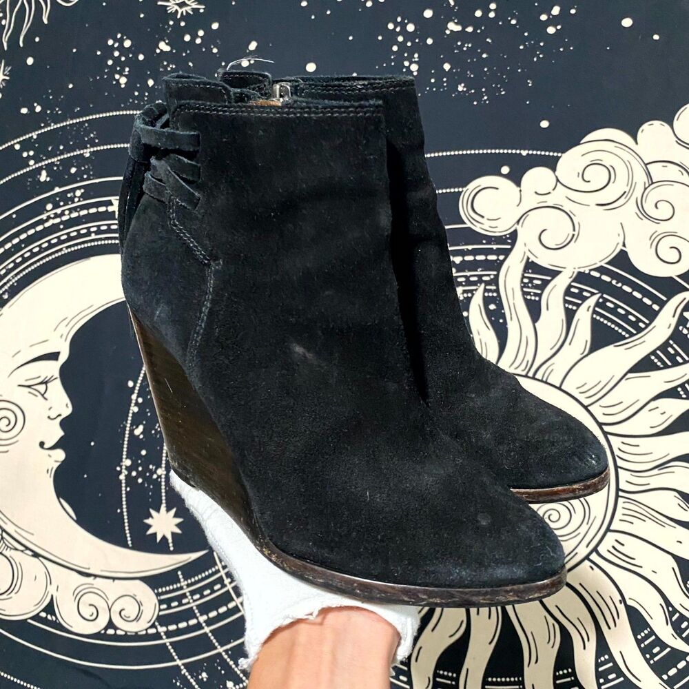 Frye Cece 3473884-BLK Ankle Bootie Women's 6.5M Black Suede Tassel Lace Wedge